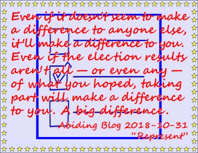 Even if it doesn't seem to make a difference to anyone else, it'll make a difference to you. Even if the election results aren't all -- or even any -- of what you hoped, taking part will make a difference to you. A big difference. #BeAPart #ItsYourRight #AbidingBlog2018Represent